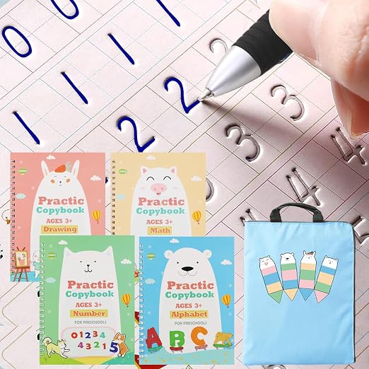 Upgraded Large Size Magic Practice Writing Copybook for Kids, Reusable Copybook Preschool - 4 Books with Pens - Blue Bag by ESAUYB