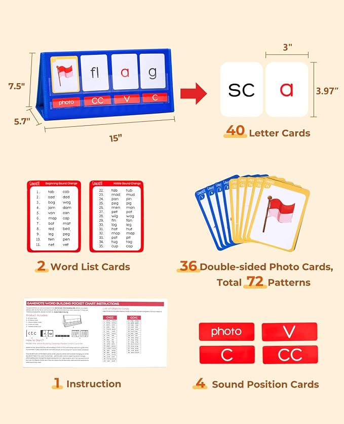 Gamenote CVCC & CCVC Word Builder Pocket Chart, Phonics & Sight Words - Image 6