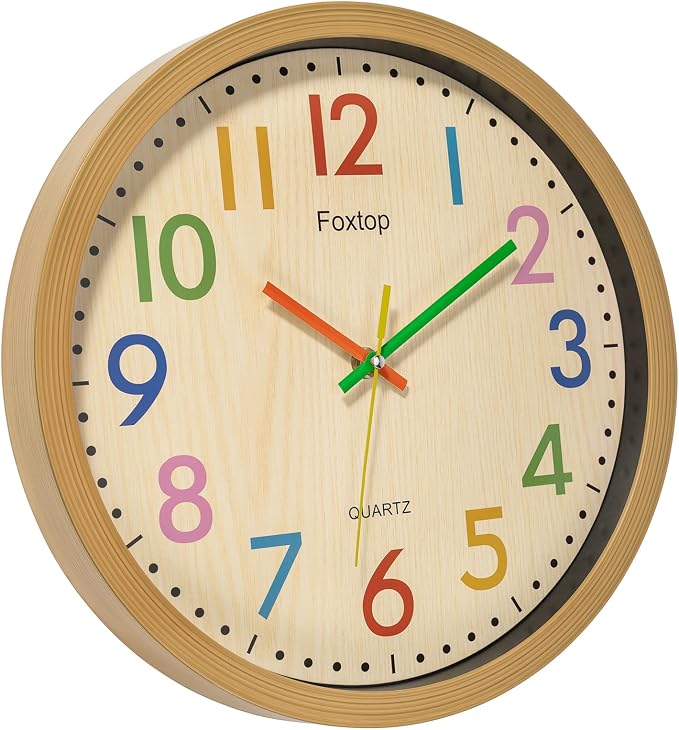Foxtop Silent Kids Wall Clock 12 Inch Non-Ticking Battery Operated Colorful Childrens Clock for Classroom Playroom Nursery Bedrooms Kids Room School - Image 4