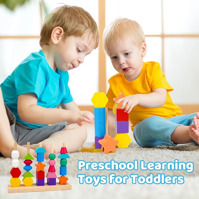 Montessori Toys for 2 3 4 Year Old Kid Boy Girl Toddler, Montessori Wooden Beads Sequencing Toy Set, Lacing Beads & Stacking Block & Matching Shape Stacker, STEM Preschool Learning Toy Birthday Gift