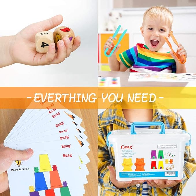 Bmag Counting Bears with Matching Sorting Cups,Pre-School Math Learning Games with 2 Dices,Color Recognition STEM Educational Toy for Toddler Bonus Tweezers, Storage Box, Activity Cards - Image 4