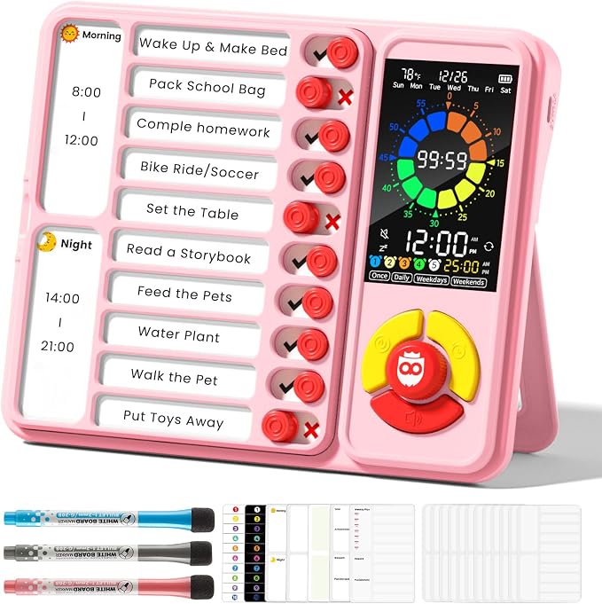 ADHD Tool for Kids, 5-in-1 Visual Timer with Chore Chart Board, Visual Schedule for Kids, 12/24 Task Timer with 99'59'' Countdown/Countup, 5 Alarms, Silent Operation Visual Schedule for Autism - Pink by Home