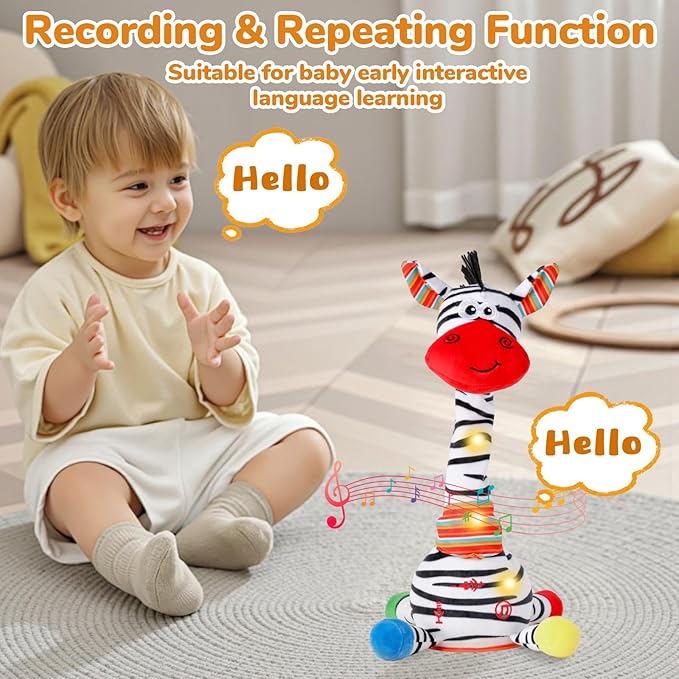 Dancing Talking Zebra Stuffed Animal, Interactive Mimicking Recording Repeating Zebra Plush, Singing 10 Children's Songs, Tummy Time Light Up Toy for Toddlers 1-3 Years, Forest Birthday Party Gifts