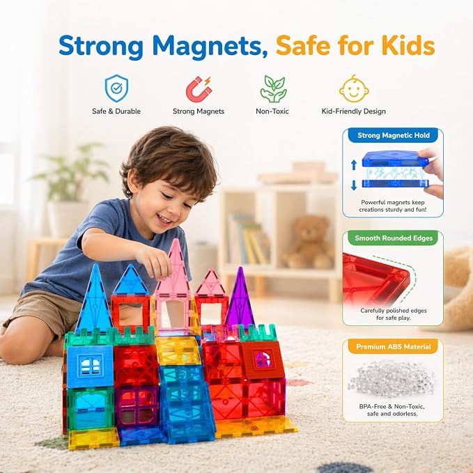 AFUNX 102PCS Magnetic Tiles for Kids,Strong Magnets,3D Clear STEM Toys - Image 3
