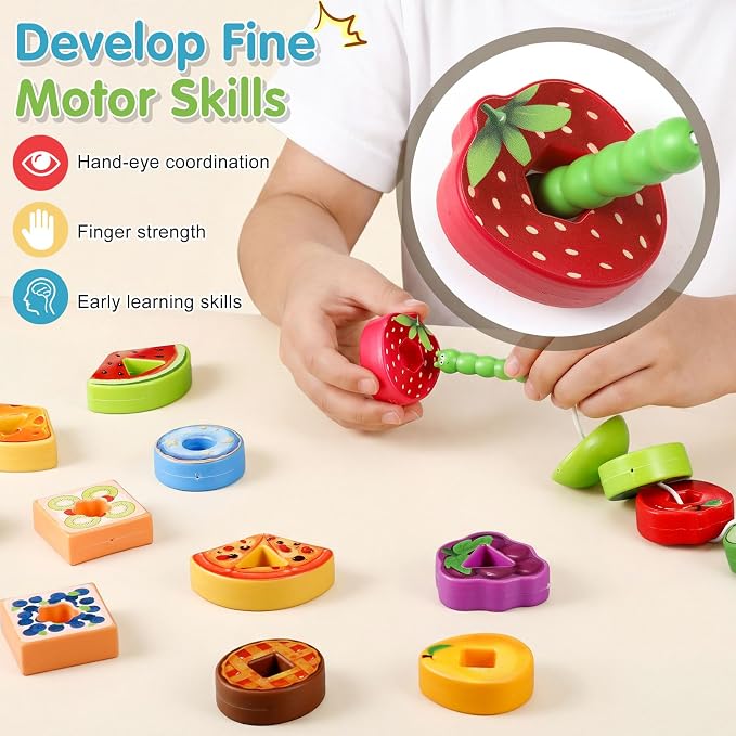 28 Pcs Caterpillar Lacing Toy for Toddlers Fruit Food Threading - Image 3