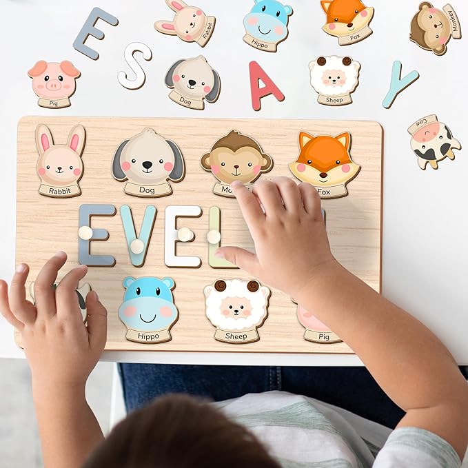 Personalized Name Puzzle for Kids, Custom Wooden Puzzle Engraved Text On Back with Pegs, Personalized Baby 1st Birthday Gifts for Girl & Boy, Toddlers Toys (Animal Name Puzzle)