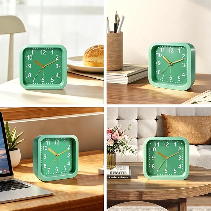 Simple Analog Loud Alarm Clock for Heavy Sleepers, 4.5" Square Plastic Silent Battery Operated Alarm Clocks with Easy Read Dial, Desk Clock for Bedroom Adults Seniors College Students, Green - Image 8