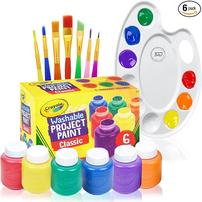 Kids Painting Set, Washable Paint for Kids 6 Colors, 7 Paintbrushes, Paint Palette, Non-Toxic Toddler Painting Set 2 oz Each, Tempera Paints for Art, Crafts, Finger Paints Gifting Bundle