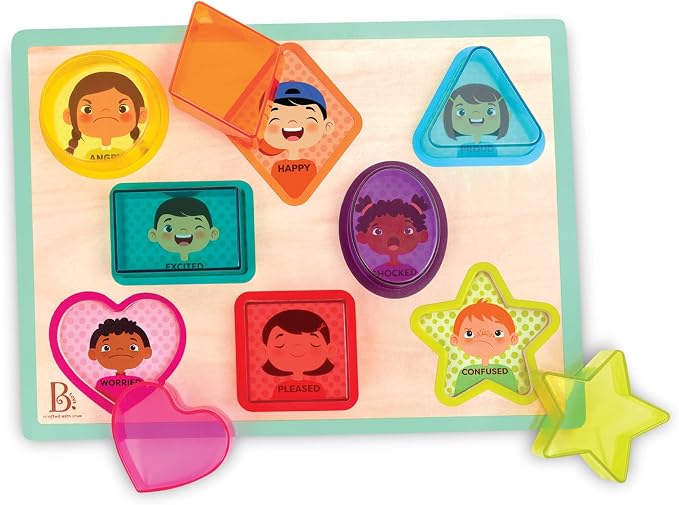 B. toys Toddler Puzzle, Peek & Explore Shapes and Emotions Wood by Btoys
