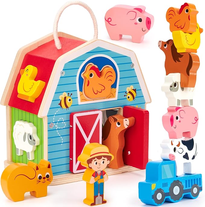 hahaland Wooden Montessori Toys Farm Animals Barn for Toddlers 1-3 by hahaland
