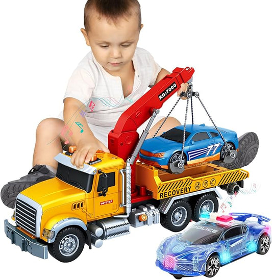 Friction Powered 15 Inch Large Tow Truck Toy with Lights & Sounds, Movable Crane Arm, Tilt Ramp & Roadster - Vehicle Play Set Gift for Boys Girls Kids Ages 3-7