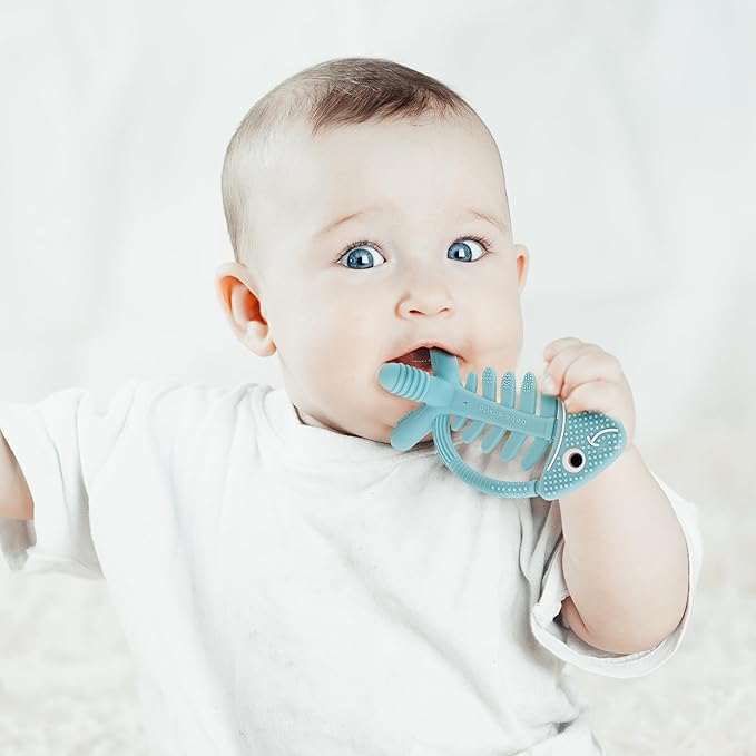 3 in 1 Infant Toys, Baby Teething Toys 3–6 6–12 Months, Teethers for Babies 0–3–6–12 Months for Teething Relief, Baby Gift, Baby Teether Toys, Silicone Sensory Toys, USA Patent Pending, Fish Turquise
