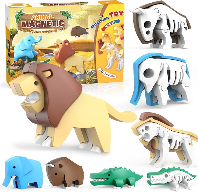 Magnetic Animal Building Toys, STEM Toddler Learning Toys 3D Puzzle Animals for Boys Girls, Educational Magnetic Travel Montessori Toy Lion Elephant Crocodile, Unique Birthday Gift for Kids 3 4 5 6 7 by Toycost
