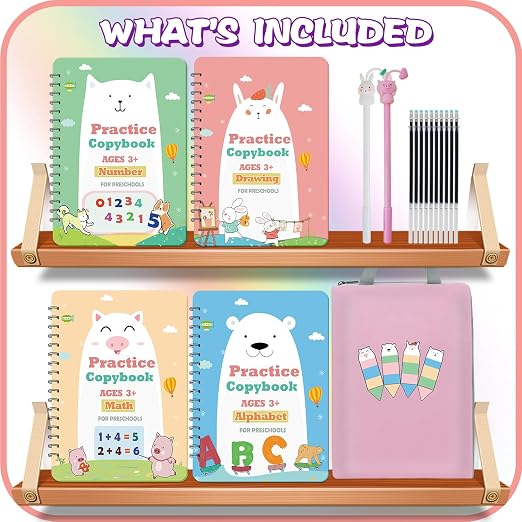 Upgraded Large Size Magic Practice Copybook for Kids, Reusable Writing Practice Book, Preschool Copybook (4 Books with Pens) - Pink Bag - Image 3
