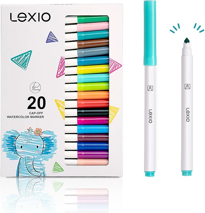 Lexio Washable Markers For Kids, 20 Vibrant Coloring, Washable Non Toxic Markers for Toddlers, with Conical Tip, Safe Water-Based, Coloring Art Supplies for Preschool Gift, 20 Pcs