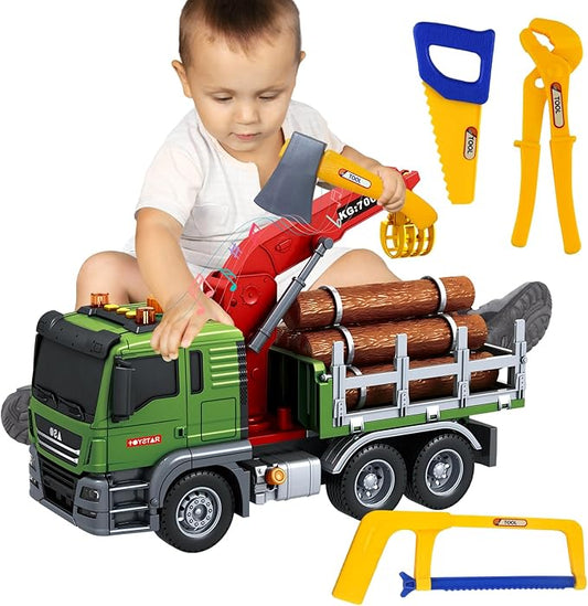 15 Inch Friction Powered Timber Truck Toy with Loading Crane, 6 Wooden Logs & Lights/Sounds - Play Vehicle Gift for Boys Girls Kids Ages 3-7