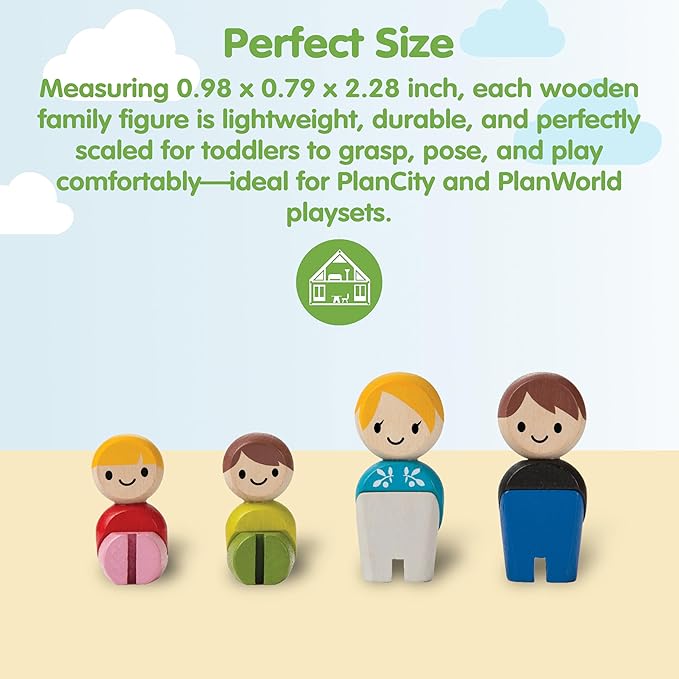 PlanToys® PlanWorld Family Set | 4 Wooden Poseable Figures for PlanCity & PlanWorld Playsets | Montessori Pretend Play Family with Flexible Arms & Legs | Eco-Friendly Sustainable Wooden Toy for Kids