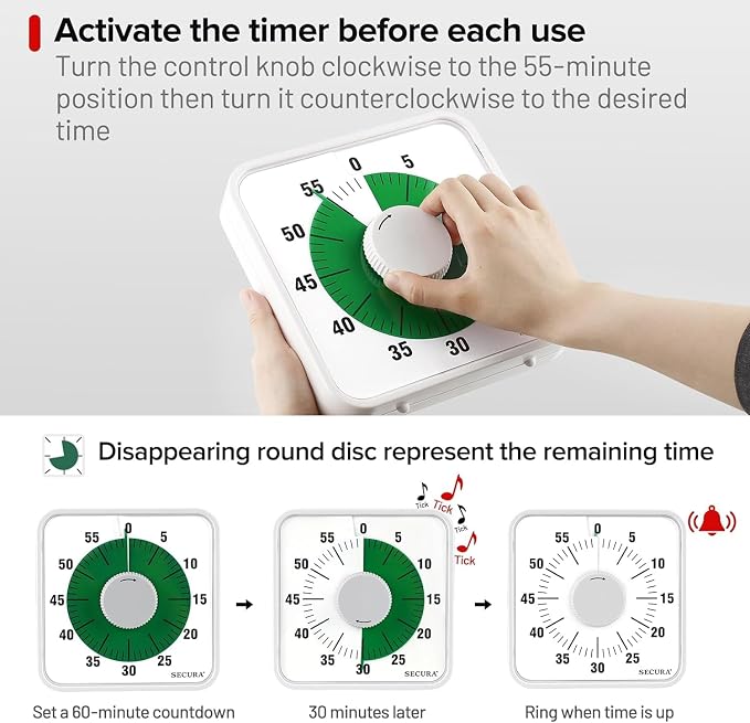 Secura 7.5 Inch Visual Timer, 60 Minute Oversize Visual Countdown Timer for Kids and Adults, Durable Mechanical Time Management Tool (Green) - Image 3