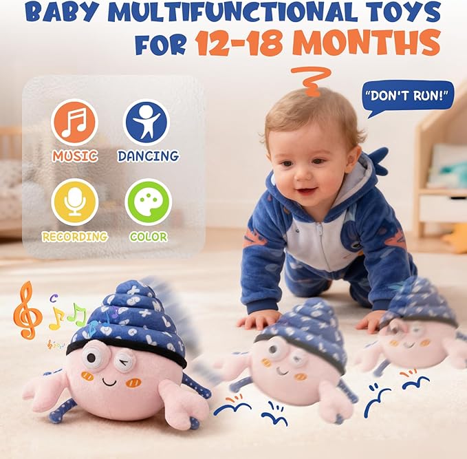 Music Crawling Hermit Crab Baby Toy 6-12 Months,Montessori Toys for 1 Year Old+,Infant Stuffed Animal Toy with Tummy Time Toy & Floor Play,Dancing & Talking Soft Plush Toy for Boys and Girls
