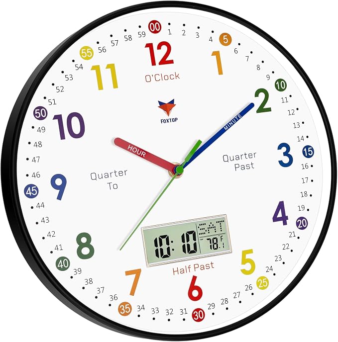 Foxtop Digital and Analog Learning Clock for Kids - Telling Time Teaching Clock 12 Inch Silent Non-Ticking Battery Operated Kids Wall Clock for Kids Room Playroom Nursery Classroom School (Black) - Image 7
