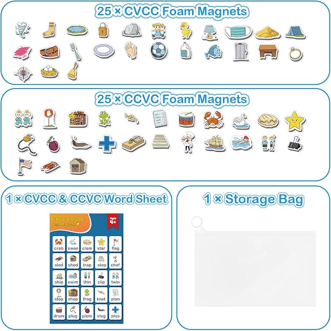 Kasfalci CVCC & CCVC Word Games, 50 Magnetic Foam Objects Fridge Magnets for Kids, Speech Therapy Toys for Toddler, Learn to Read Spelling Reading Learning Phonics for Preschool Kindergarten Classroom - Image 5