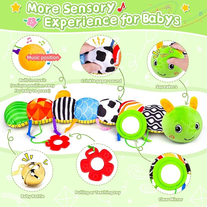 Baby Toys 0-6 6-12 Months, Stuffed Animal Infant Tummy Time Toys Sensory Toys with Crinkle, Rattles, Textures and Mirror Gifts for Newborn Boy Girls Toddlers, Caterpillar Musical Toy (Green)