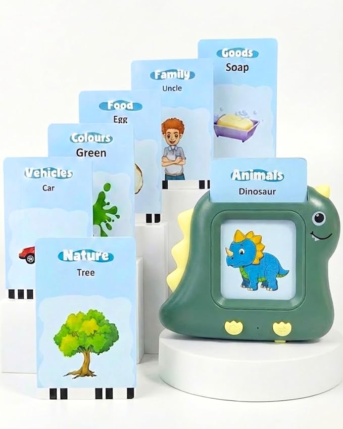 Talking Flash Cards for Kids, 112 Cards/224 Words, 5 Languages, Montessori Toddler Learning Toys, Screen-Free & Portable Reader, Speech & Phonics Practice for Ages 3+ (Green Dinosaur) by Unknown
