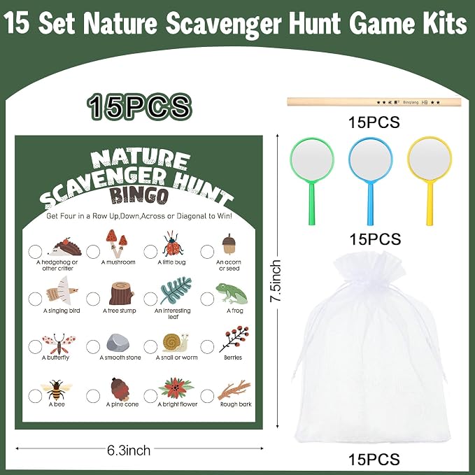 HyDren 45 Pcs 15 Set Nature Scavenger Hunt Game Kits, 15 Hunting Cards, 15 Magnifying Glass, 15 Pencils, 15 Organza Bags Family Camping Games Play for Nature Exploration Outdoor Activities Party Favor - Image 2