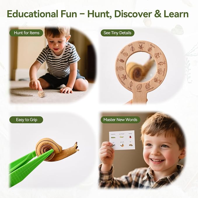 WOODEN TEETHER Kids Scavenger Hunt Play Set, 15pcs Treasure Hunt Kit with Binoculars, 10 Double-Sided Cards & Storage Box Indoor/Outdoor Exploration for Home, Backyard, Park - Image 5