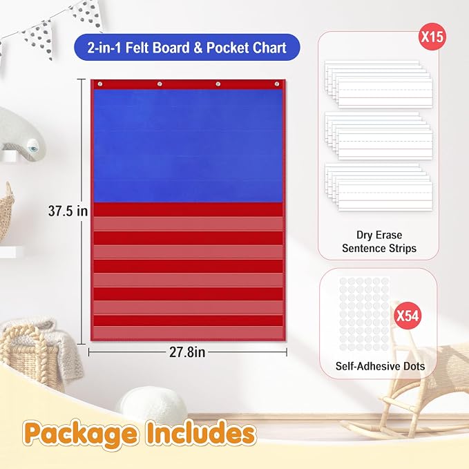 AKAYOK 2-in-1 Felt Board & Pocket Chart, 37”x28 Felt Board for Wall with 54 Self Adhesive Dots & 15 Dry Erase Sentence Strips, Flannel Boards Stories for Preschool, Early Literacy & Speech Therapy - Image 2