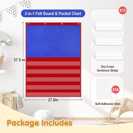 AKAYOK 2-in-1 Felt Board & Pocket Chart, 37”x28 Felt Board for Wall with 54 Self Adhesive Dots & 15 Dry Erase Sentence Strips, Flannel Boards Stories for Preschool, Early Literacy & Speech Therapy - Image 2