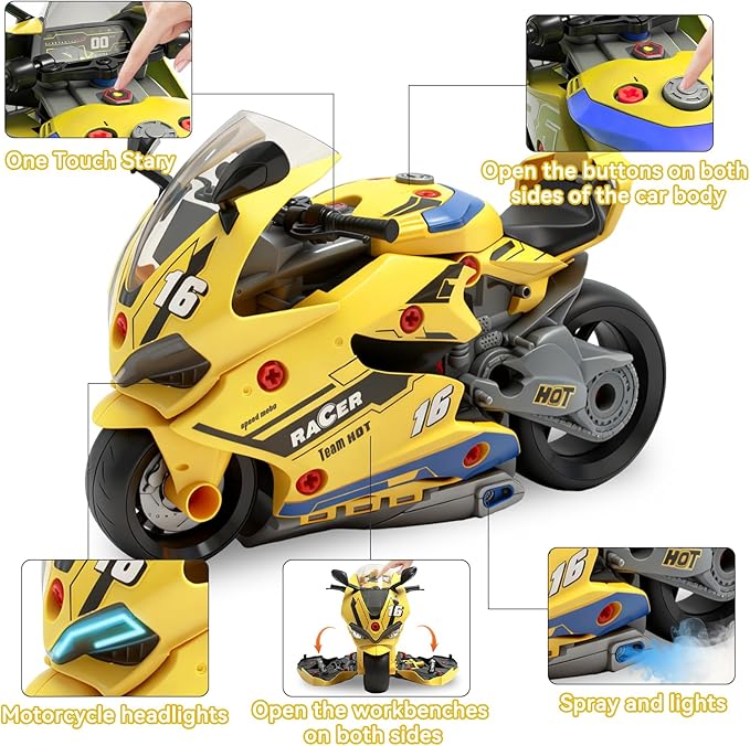 Take Apart Motorcycle Toys Kit, Motorcycle Model Toys for Kids Mechanic,Motorcycles Toy with Light, Sound & Spray for Toddlers 3+ Kids,Interactive Toy Engine Building Kit, Yellow