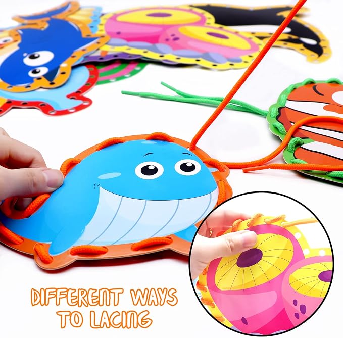 Sea Animals Lacing Cards Sewing Cards For Kids 12 Pack Shark Whale Ocean Theme Party Decor Double Sided Cardboard Lacing Playing Games for Preschool Home Developing Imagination Education Supplies - Image 6