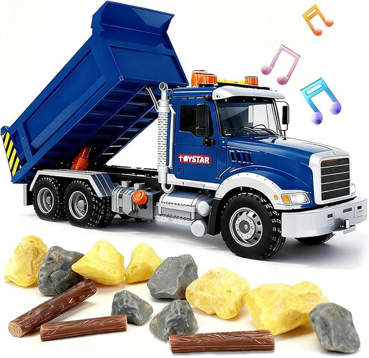 SMILESSKIDDO Dump Truck Toy - 1:12 Large Friction Powered Truck with Air Pump Function, Lights & Sounds, Boy Toys Age 3, Birthday Gift for 3 4 5 6 7 8 Years Old Boys Girls, Toys for Kids 3-5