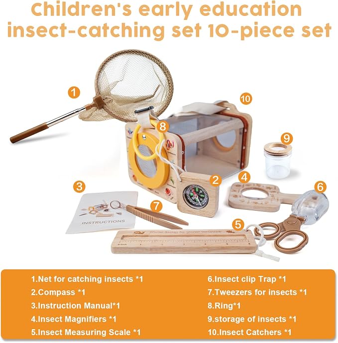 Wooden Insect Observation Kit for Kids,10Pcs Outdoor Nature Explorer Set, Insect Habitat Cage,Butterfly Net,Magnifying Glass,Compass STEM Education Toy, Birthday Backyard Gift for 3+ Boys & Girls - Image 2
