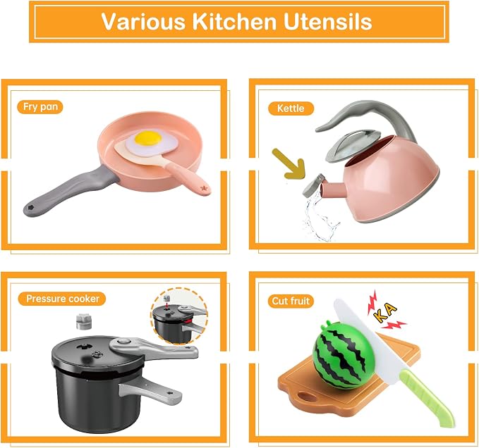 130Pcs Kitchen Playset, Toddler Pretend Cooking Play Pots, Pans, Utensils Cookware, Daily Food Fruit Veges, Shopping Storage Basket, Dessert, Prop Money, Learning Gift for Child (Pink) - Image 4