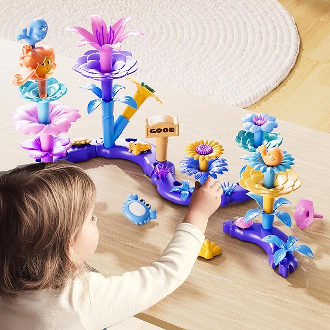 155 Pcs 3 Year Old Girl Gifts,Flower Garden Building Toy Set Toddlers Toys Gifts Best Educational Learning Fine DIY Crafts Stem Construction Stacking Kit,for 3 4 5 6 7 Year Kids Birthday