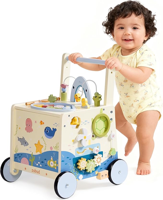 ROBOTIME Wooden Baby Walking Toy, Montessori Baby Walker Push Toy with Adjustable Height & Speed, Activity Center Baby Push Toy with Music, Fishing Game & Storage for Toddler 10M+ (Ocean World Theme)