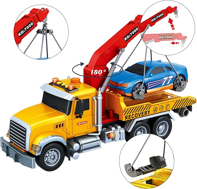 Friction Powered 15 Inch Large Tow Truck Toy with Lights & Sounds, Movable Crane Arm, Tilt Ramp & Roadster - Vehicle Play Set Gift for Boys Girls Kids Ages 3-7