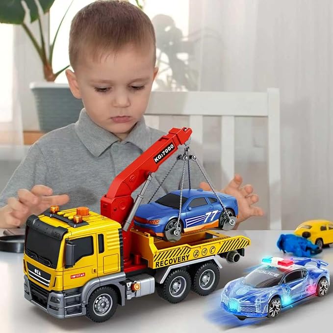 Friction Powered 15 Inch Large Tow Truck Toy with Lights & Sounds, Movable Crane Arm, Tilt Ramp & Roadster - Vehicle Play Set Gift for Boys Girls Kids Ages 3-7