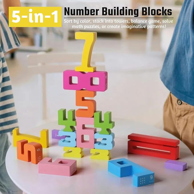 Gdaytao 20PCS Wooden Number Building Blocks 1-10 - Math Stackers Stacking Number Toys with Counting Games, Bright Digital Building Blocks Friends of 10, STEM Montessori Learning Toys for Kids Ages 3-8 - Image 2
