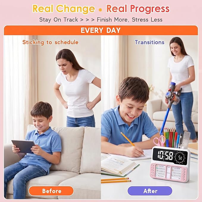 7-in-1 Visual ADHD Timer for Kids with Chore Chart Board, ADHD Tools Schedule for Kids with Autism, Alarm, Countdown, Date, Temperature, Storage, Daily Checklist for Home/School/Classroom/Desk(Pink) - Image 5