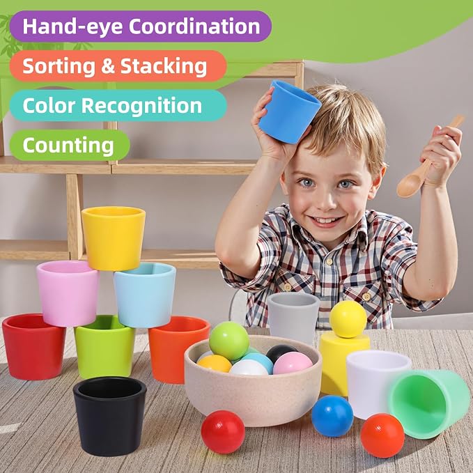 Rainbow Balls in Cups Toddler Montessori Toys (12 Balls, 1.4 in) - Image 2