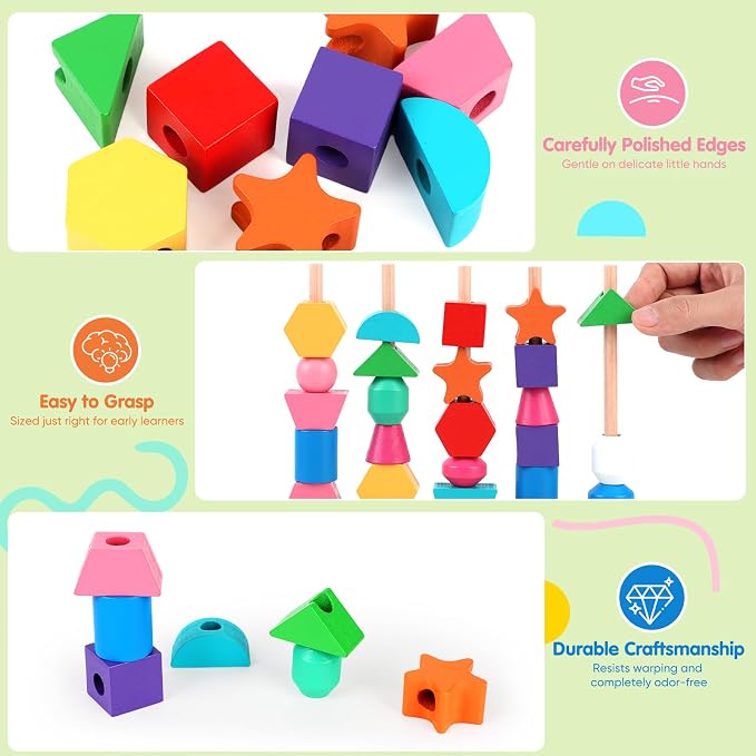 Montessori Wooden Threading Beads Set for Toddlers 3 4 5, Bead Sequencing & Stacking Toy with Pattern Cards, Lacing Beads, Shape Matching Stacker, Fine Motor STEM Learning Gift - Image 8
