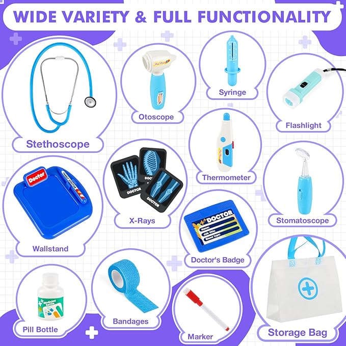 Kids Doctors Play Set, 15 Pcs Doctor Kit for Toddlers 3-5, Doctor Set with Real Stethoscope, Pretend Play Toys for Kids Boys and Girls, Halloween Christmas Birthday Gifts