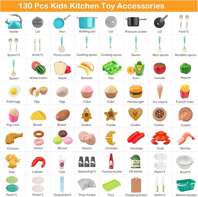 130Pcs Kitchen Playset, Toddler Pretend Cooking Play Pots, Pans, Utensils Cookware, Daily Food Fruit Veges, Shopping Storage Basket, Dessert, Prop Money, Learning Gift for Child (Turquoise) - Image 2