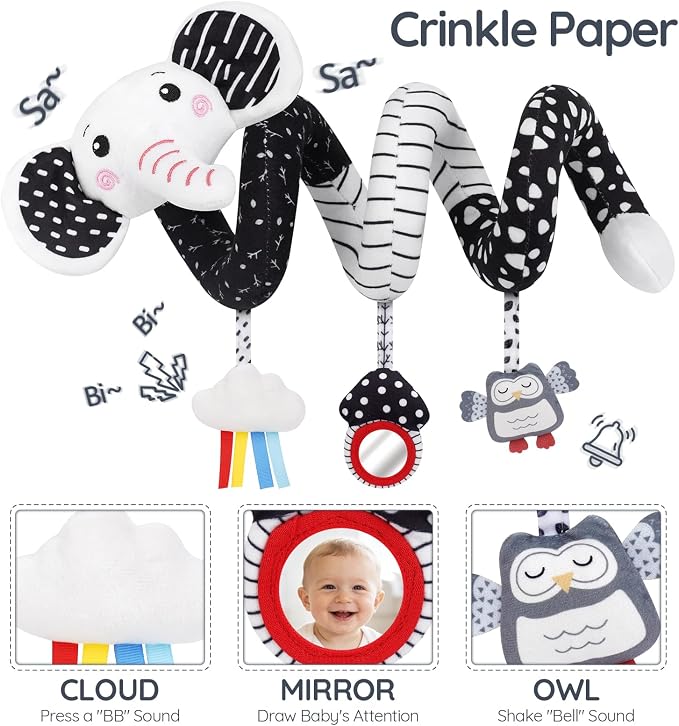 Joyreal High Contrast Baby Toys for Newborn, Black and White Baby Sensory Toys with Car Seat Toys,Infant Toys with Black White Cards Book, Montessori Toys for Baby Gifts (Elephant Theme) - Image 2
