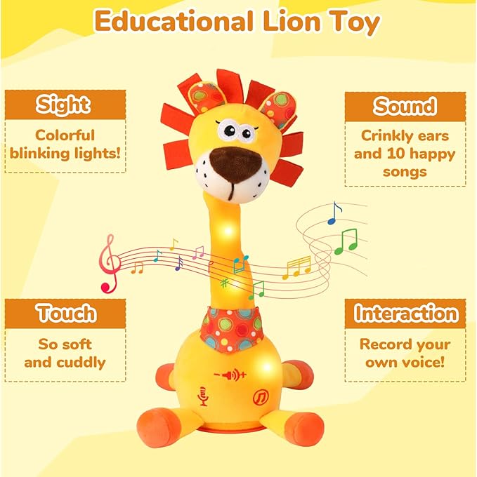 Dancing Talking Lion Plush Toy, Interactive Mimicking Recording Repeating Lion Stuffed Animal, Singing 10 Children's Songs, Tummy Time Light Up Toy for Toddlers 1-3 Years, Forest Birthday Party Gifts