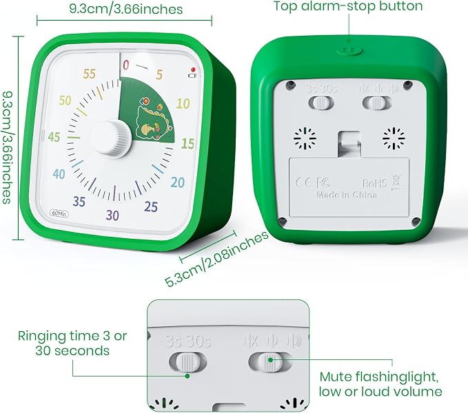 Yunbaoit Dinosaur Visual Timer for Kids, 60-min Countdown Timer, Green - Image 4