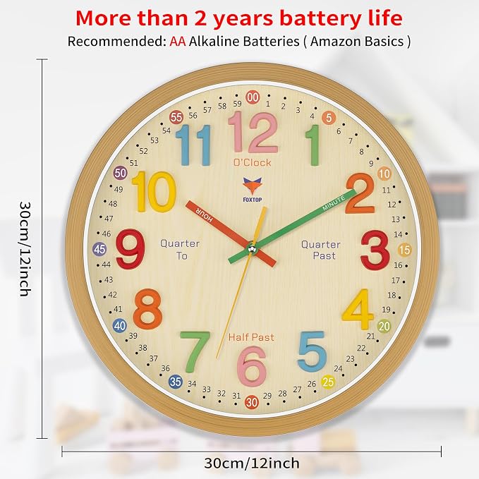 Foxtop Learning Clock for Kids - Telling Time Teaching Clock 12 Inch Silent Non-Ticking Battery Operated Kids Wall Clock for Kids Room Playroom Nursery Classroom School (3D Numerals) - Image 2